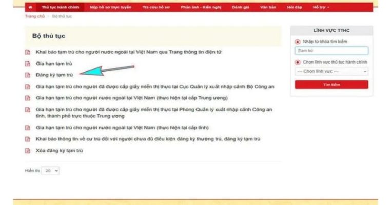 Bấm chọn Đăng ký tạm trú