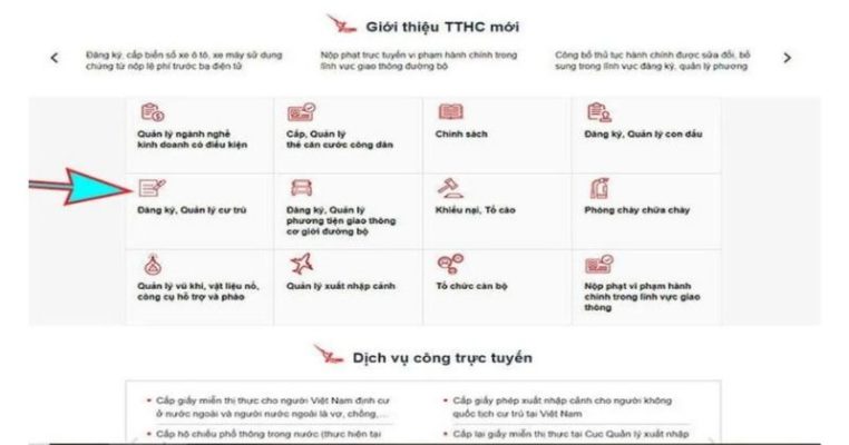 Chọn mục Đăng ký, Quản lý cư trú