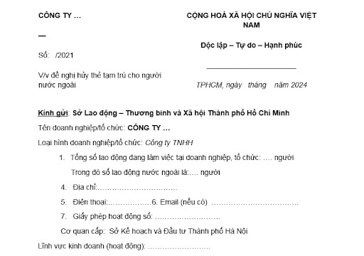 Mẫu công văn đề nghị hủy thẻ tạm trú