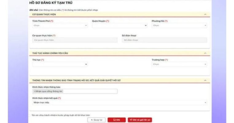 Điền các thông tin vào “Hồ sơ đăng ký tạm trú online”