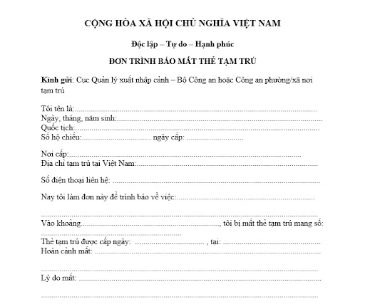 Mẫu đơn trình báo mất thẻ tạm trú