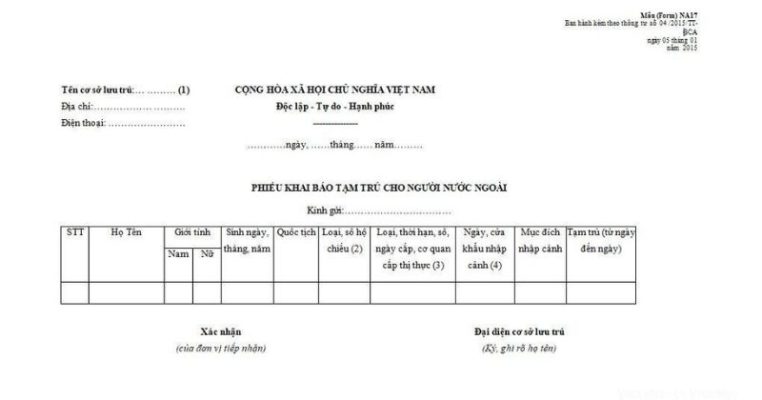 Form NA17: Foreigners Registering for Temporary Residency