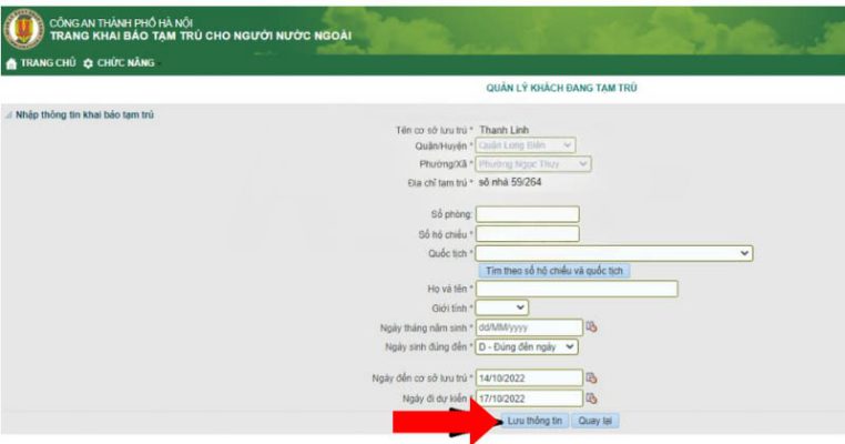Hoàn tất lưu thông tin đăng ký thẻ tạm trú
