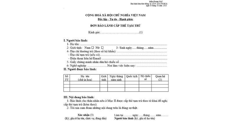 Mẫu đơn xin bảo lãnh tạm trú