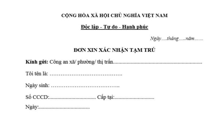 Mẫu đơn xin xác nhận tạm trú