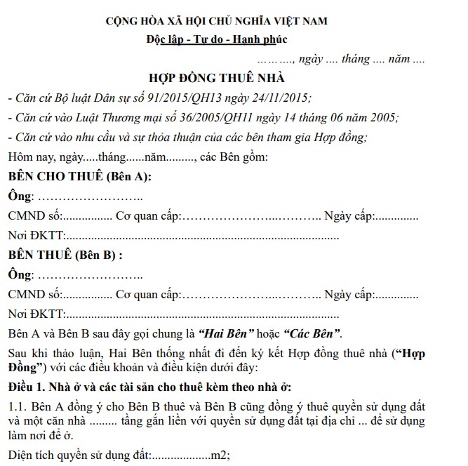 Mẫu hợp đồng thuê nhà