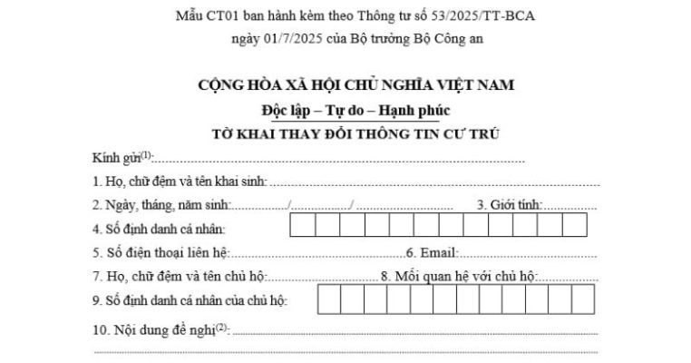 Mẫu tờ khai thay đổi thông tin cư trú - CT01