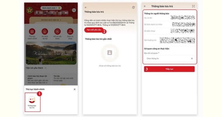 Chọn mục “Thủ tục hành chính” sau đó nhấn vào “Thông báo lưu trú”