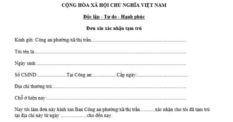 Mẫu đơn xin xác nhận tạm trú cho người nước ngoài