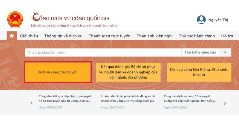 Chọn “Dịch vụ công trực tuyến”
