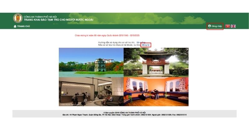 Chọn “đăng ký” để đăng ký tài khoản khai báo tạm trú