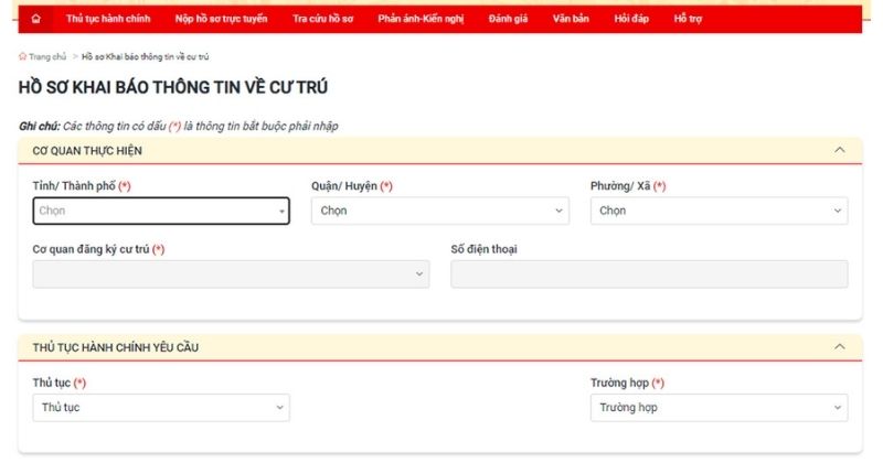 Điền các thông tin vào “Hồ sơ khai báo thông tin về cư trú”