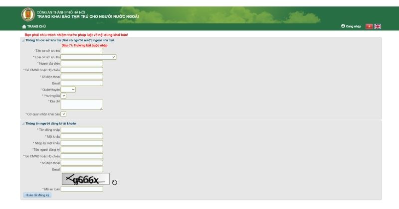 Điền đầy đủ thông tin để đăng ký tài khoản khai báo tạm trú