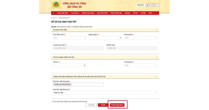 Điền thông tin đầy đủ và chọn "ghi và gửi hồ sơ"