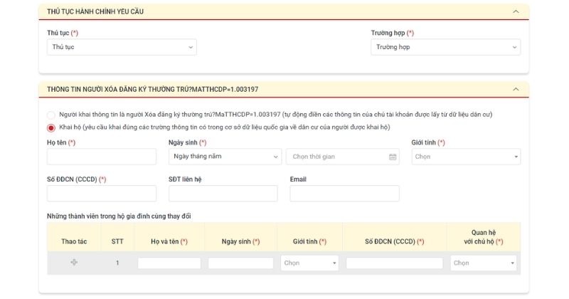 Điền thông tin hồ sơ xóa đăng ký thường trú