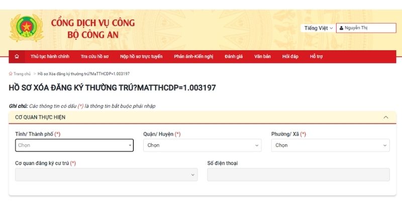 Điền thông tin hồ sơ xóa đăng ký thường trú