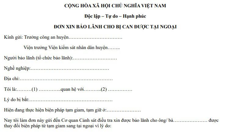 Đơn xin bảo lãnh bị can được tại ngoại