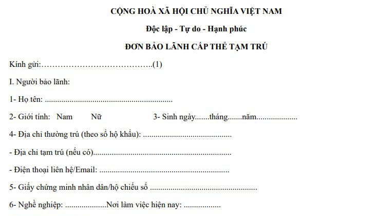 Đơn xin bảo lãnh cấp thẻ tạm trú