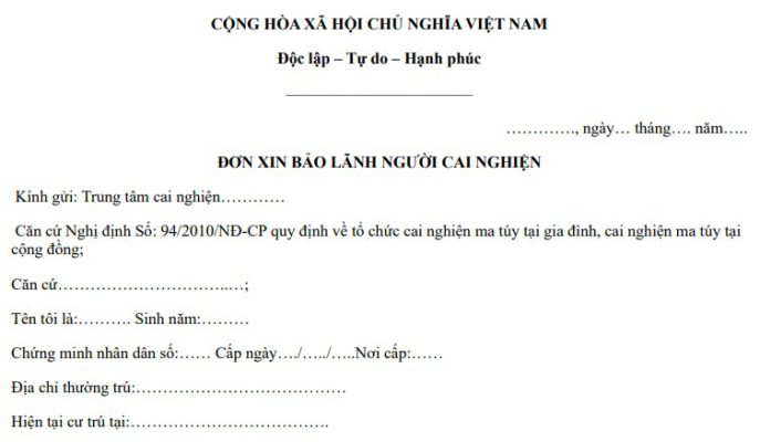 Đơn xin bảo lãnh cho người đi cai nghiện bắt buộc