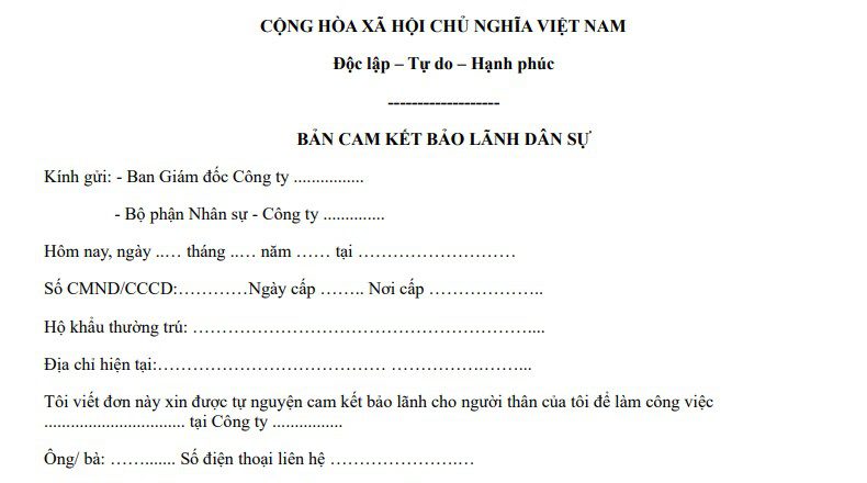 Đơn xin bảo lãnh nhân sự