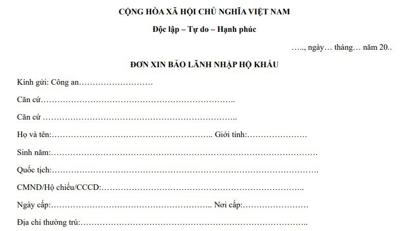 Đơn xin bảo lãnh nhập hộ khẩu