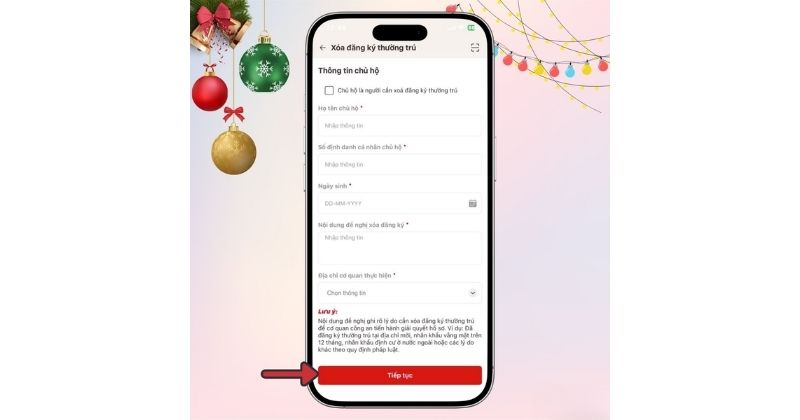 Nhấn Tiếp tục để hoàn tất thao tác xóa đăng ký thường trú