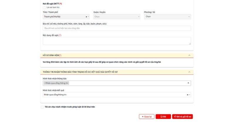 Nhận chọn "Ghi và gửi hồ sơ” để hoàn tất đăng ký tạm trú online