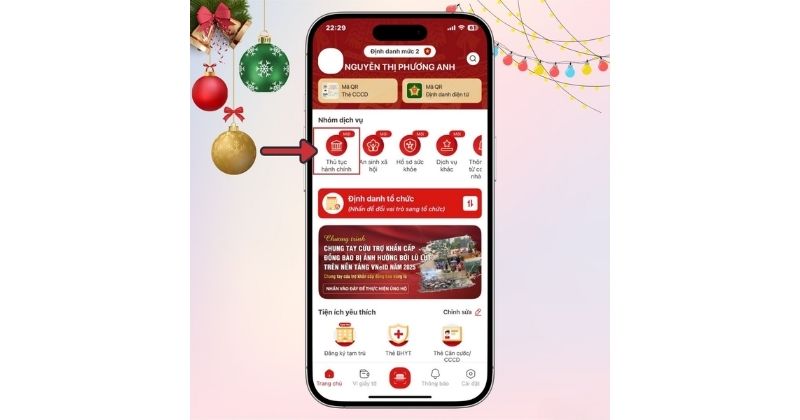 Nhấn vào Thủ tục hành chính trên giao diện chính VNeID