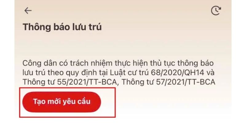 Nhấn vào nút 'Tạo mới yêu cầu' để bắt đầu gia hạn tạm trú