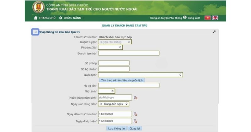 Nhập thông tin khai báo tạm trú