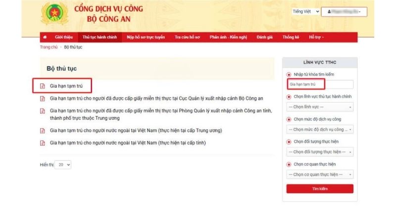 Tìm kiếm “Gia hạn tạm trú” và chọn “Gia hạn tạm trú”