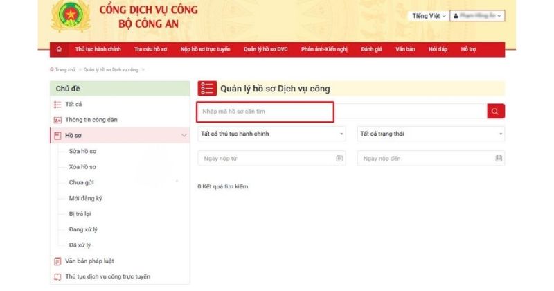 Tra cứu mã hồ sơ cần tìm