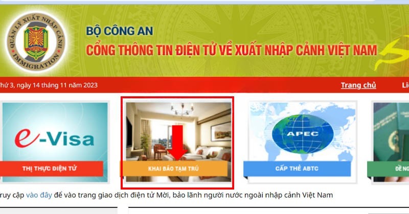 Truy cập trang khai báo tạm trú
