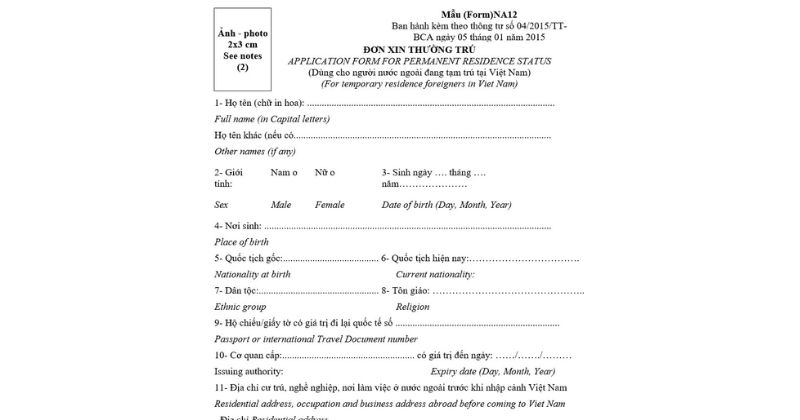 Mẫu NA12 đơn xin thường trú cho người nước ngoài
