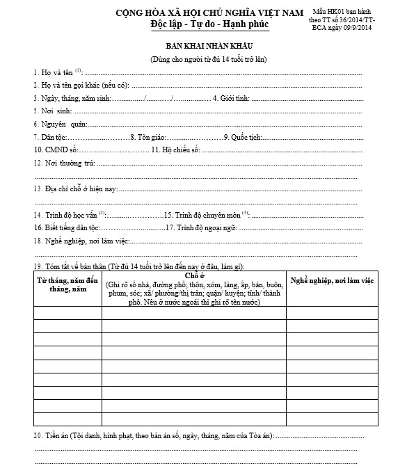 Mẫu đăng ký tạm trú HK01