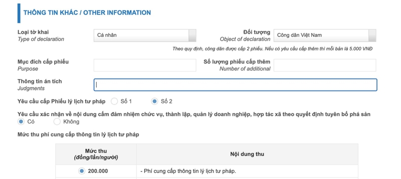 Chọn loại phiếu muốn được cấp