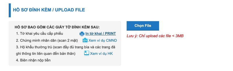 Tại mục HỒ SƠ ĐÍNH KÈM nhấn nút In tờ khai