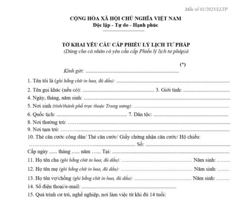 Tải mẫu tờ khai yêu cầu cấp phiếu lý lịch tư pháp cho cá nhân