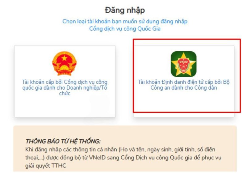 Bước 2: Tiến hành đăng nhập hệ thống qua tài khoản VNeID