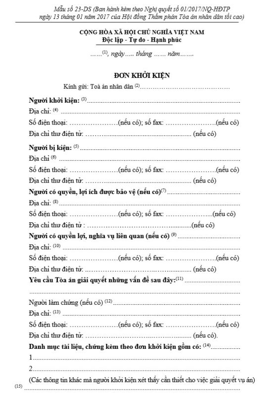 Mẫu đơn ly hôn đơn phương (Mẫu số 23-DS)