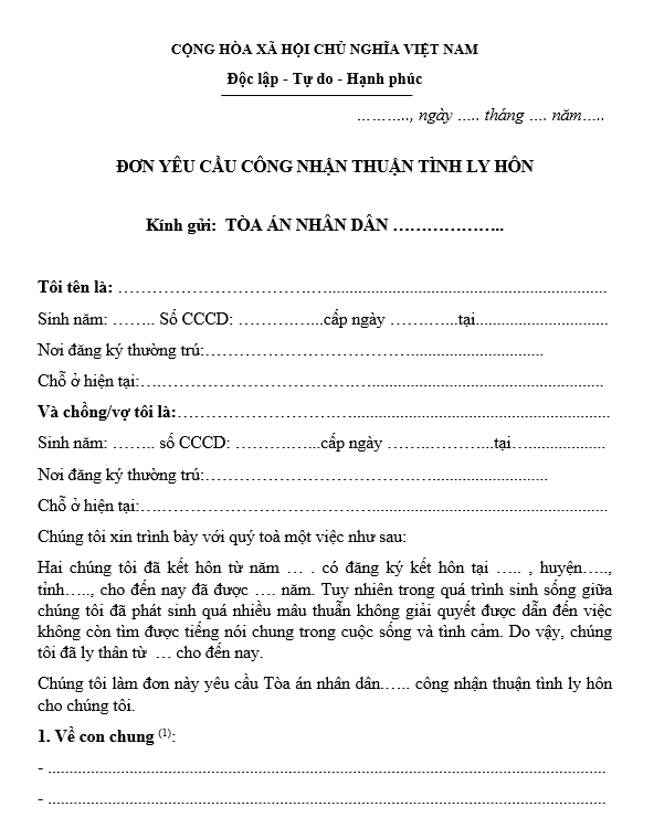 Mẫu đơn ly hôn thuận tình (mẫu số 01-VDS)