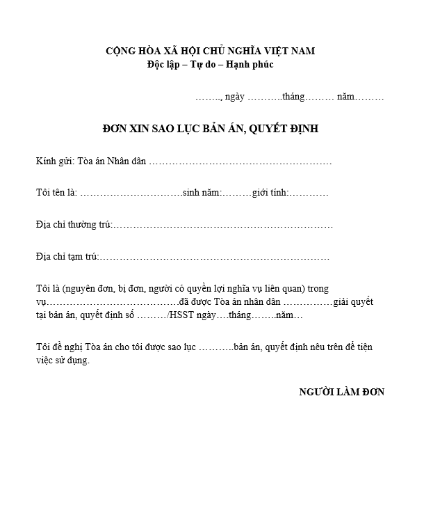 Mẫu đơn xin trích lục bản án ly hôn
