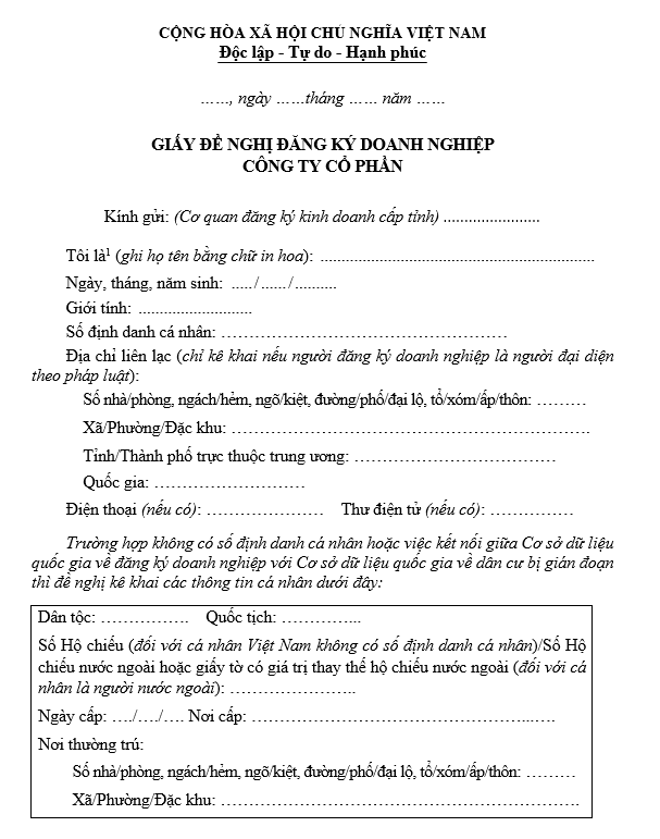 Mẫu giấy đề nghị đăng ký doanh nghiệp Cổ phần