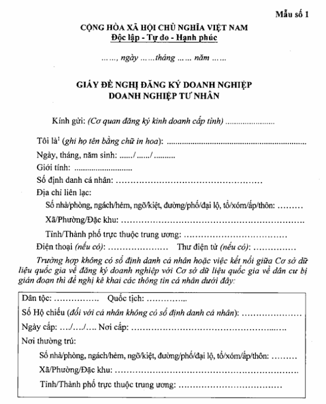 Mẫu giấy đề nghị đăng ký doanh nghiệp tư nhân
