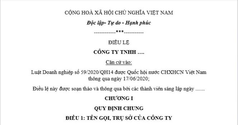 Tải mẫu điều lệ công ty TNHH 2 thành viên trở lên mới nhất